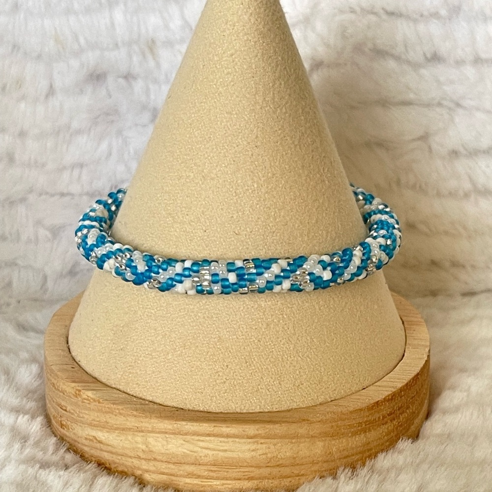 Sashka Blue White Glass Bead Bracelet Roll On Stack Bracelet